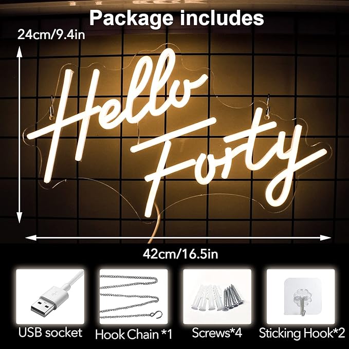 LED Hello Forty Neon Sign 16.5x9.4 inch - Dimmable Wall Decor for 40th Birthday, Bedroom, Office, Beauty Salon with USB Power