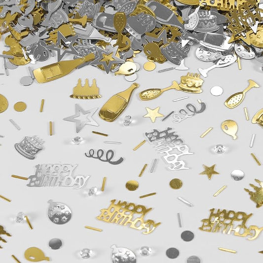 VHUWE Happy Birthday Confetti, 1.6 oz Champagne Gold Silver Cake Balloon Star Goblet Bottle Swirl Glitter Confetti for Boys Girls Kids Women Men Happy Birthday Party Table Decorations Supplies