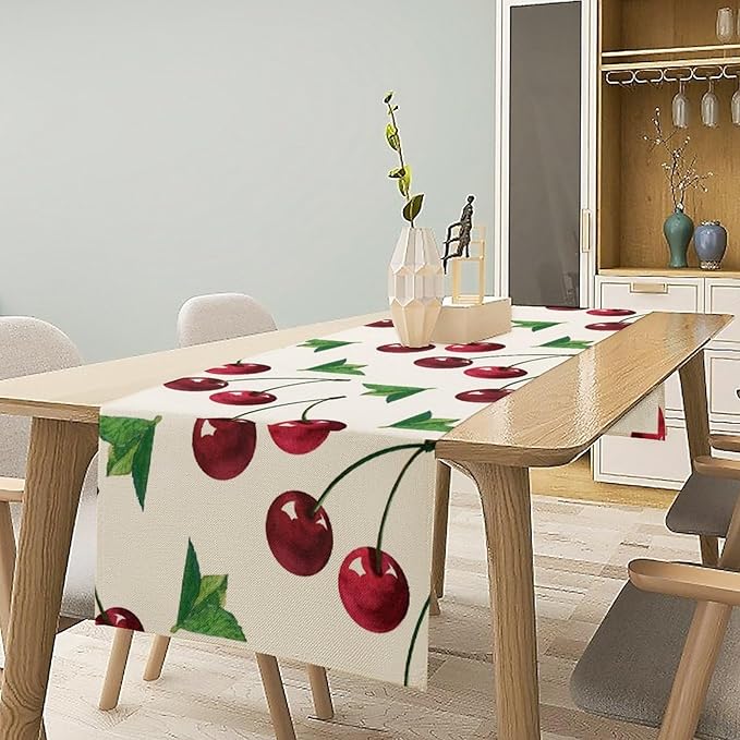 Red Cherry Table Runner Watercolor Tropical Fruit Spring Summer Wild Berry Dinner Runner for Girl Baby Party Holiday Home Kitchen Dining Table Decor 13x108