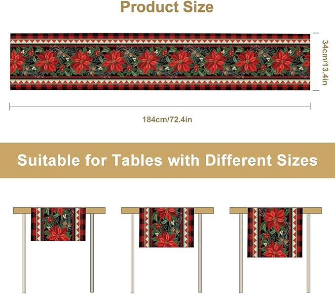 Christmas Table Runner,Seasonal Winter Xmas Holiday Plaid Table Cloth Kitchen Dining Table Decoration for Home Party Decor 13x90 Inch