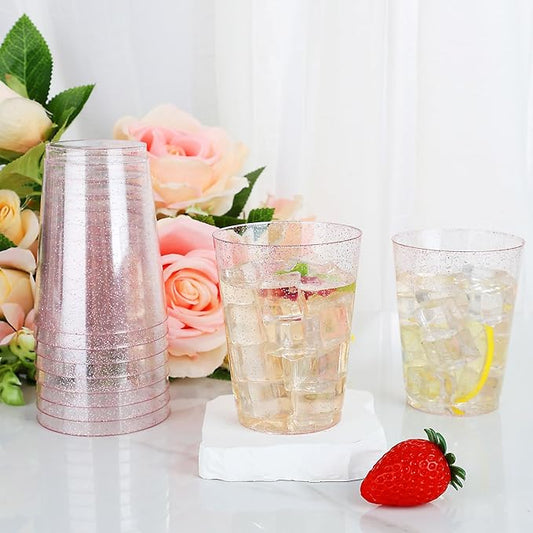 DaYammi 100 Pack 10oz Pink Plastic Cups, Premium Disposable Rose Gold Glitter Plastic Cups for Martini and Cocktail, Hard Clear Disposable Cup with Pink Glitter Perfect for Fancy Wedding Party