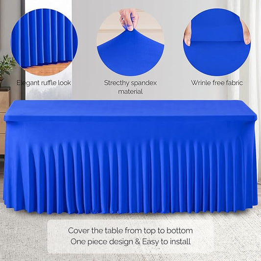 Wish Care 6 Pack Royal Blue Spandex Table Clothes for 8 Foot Rectangle Tables, 8FT Wrinkle Free Fitted Tablecloths Ruffles Design Table Cloth for Party, Banquet, Wedding and Events