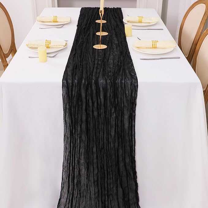 Snowkingdom 6PCS 13 Ft Black Cheesecloth Table Runner, 160 inch Long Cheese Cloth Boho Gauze Runners for Wedding Bridal Baby Shower Birthday Holiday Party Halloween Table Decorations