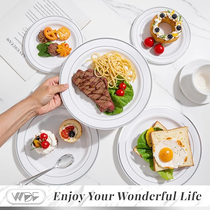 350Piece Silver Plastic Dinnerware Set for 50 Guests - Silver Plastic Plates with Cutlery Include:50Dinner Plates-50Dessert Plates-50Pre Rolled Napkins with Silverware for Christmas