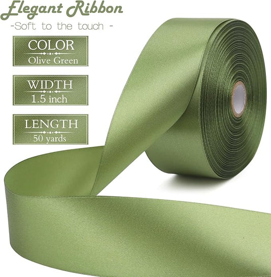 Olive Green Solid Satin Ribbon 1-1/2 Inch 50 Yards Solid Polyester Fabric Ribbon for Gift Wrapping Wedding Christmas Baby Shower Birthday Party Decoration Handmade Immortal Flower Craft