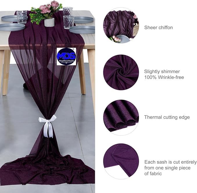 MDS Halloween Chiffon Table Runner - 25 Pack, 29 x 170 Inches, 14ft Each - Sheer Spooky Table Runners for Haunted House Parties, Trick-or-Treat Tables, Witchy Décor, Wedding & Events - Eggplant