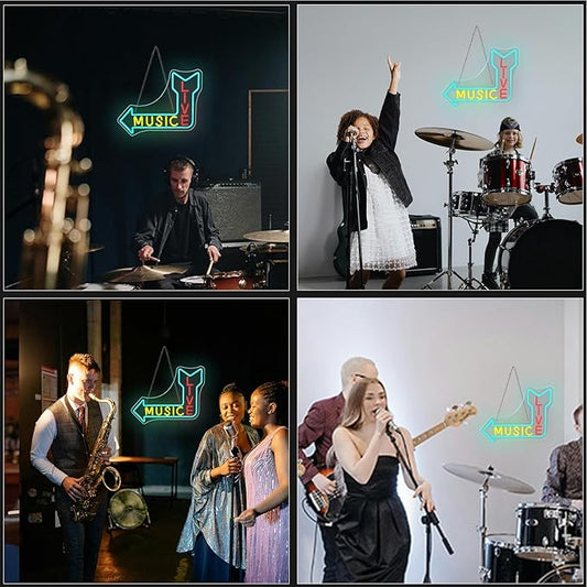 LIVE MUSIC Neon Sign – LED Arrow Neon Light for Wall Decor, USB Powered, for Bedroom, Bar, Studio, Cafe, Game Room, Party, Home Decor Gifts for Music Lovers