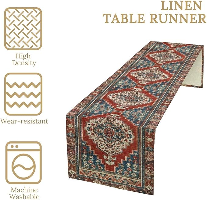 Boho Floral Vintage Table Runner, Red Blue Retro Flower Rustic Country Farmhouse Pattern for Home Kitchen Table Decor Dining Coffee Room Party Decor 13x36in