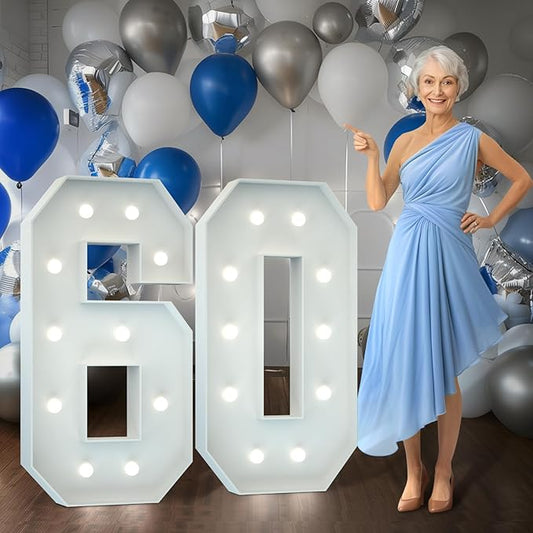 Marquee Numbers 4 Feet Tall Big Light Up Numbers 60th Birthday Decorations Women Men White Anniversary Party Decor Large Cardboard Prop Backdrop Sign 60