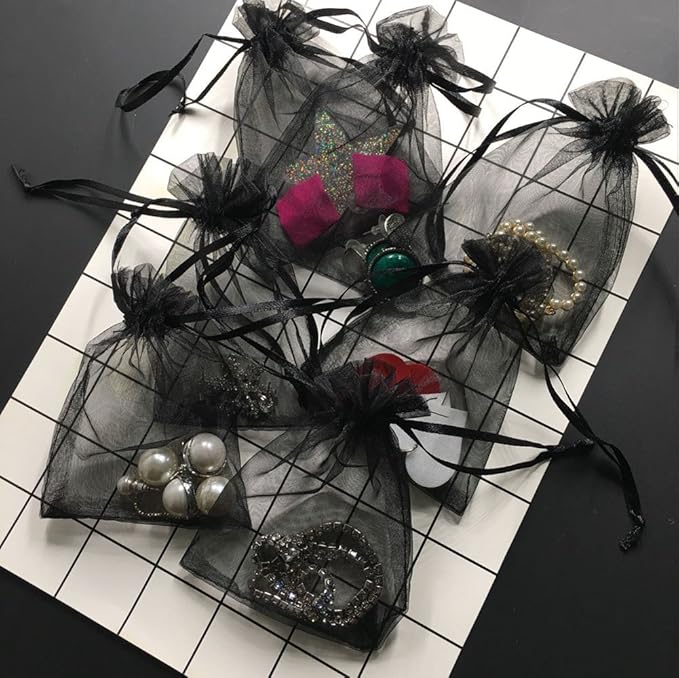 Wudygirl 100pcs Drawstring Organza Bags 5 x 7 Inch Black Transparent Jewelry Lipstick Pouches Baby Shower Party Wedding Holidays Favor Seashell Candy Favor Bags(Black 5x7'')