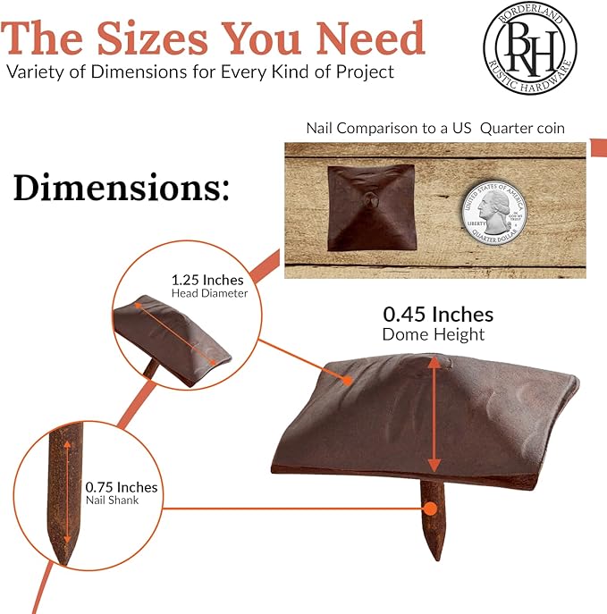 50 Pack 1.25" Square Head Iron Clavos Decorative Nails – Sealed Rusted – Handmade Rustic Square Fasteners for Farmhouse Shutters, Barn Doors, Shutters, and Gates – Ornamental Wood Accent