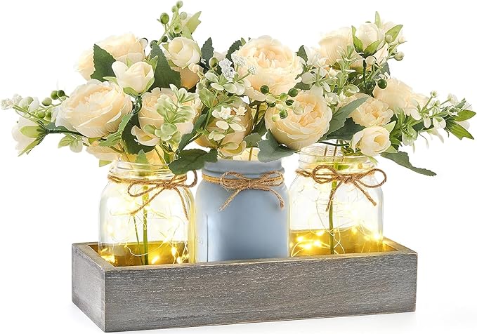Mkono Mason Jar Lights Centerpiece Table Decor for Dining Room Farmhouse Wood Tray with 3 Jars Flowers Center Pieces Spring Decor for Coffee Table Kitchen Living Room, Grey Blue