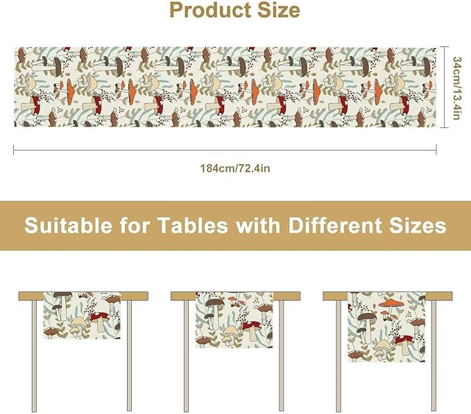 Mushroom Table Runner, Vintage Nature Plant Table Runner for Farmhouse Kitchen Dining Table Decoration for Home Party Decor 13x90 Inch