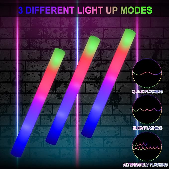 LifBetter 58Pcs Foam Glow Sticks Bulk,Led Glow Sticks with 3 Modes Colorful Flashing,Long Life Battery Glow In The Dark Party Supplies for Weddings,Parties,Festivals,Sporting Events