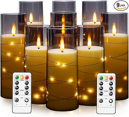 Flameless LED Candles with Timer 9 Pc Flickering Flameless Candles for Romantic Ambiance and Home Decoration Stable Acrylic Shell,with Embedded Star String，Battery Operated Candles（Grey）