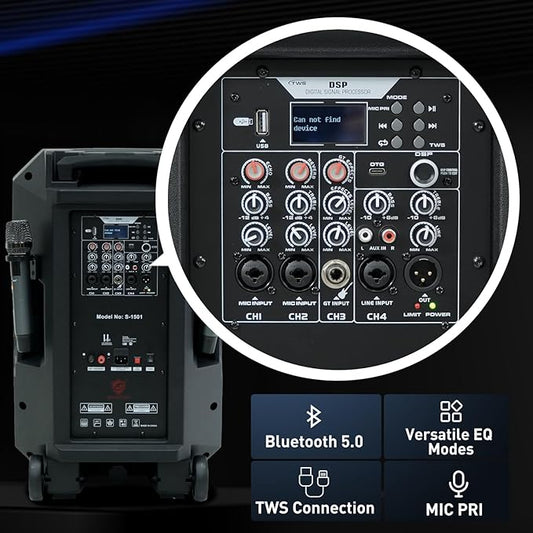 EXOTON S-1501 15 Inch Portable Rechargeable PA Speaker - 1600W, Bluetooth, TWS, USB/RCA, 2 UHF Mics, Remote, 7-Color Lights, DSP with 4 Scene Presets, 5-Band EQ
