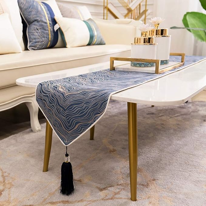 Avigers 12 x 78 Inch Decorative Luxury Abstract Striped Navy Blue Table Runners with Tassels for Home Living Room Bedroom Art Decor Wedding