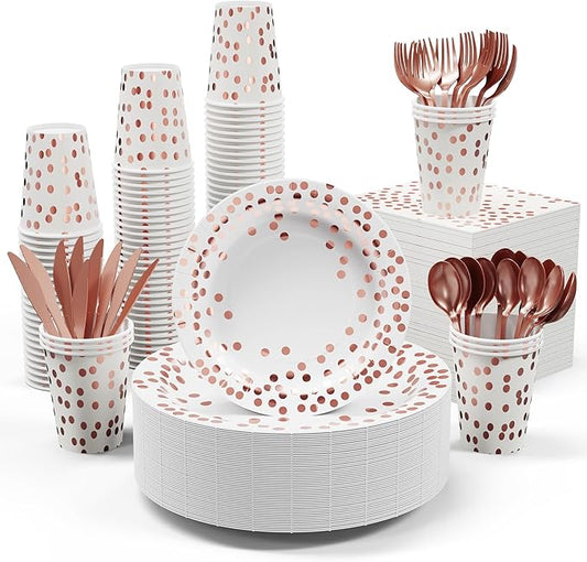 White and Rose Gold Party Supplies - 350 PCS Disposable Dinnerware Set - White Paper Plates Napkins Cups, Gold Plastic Forks Knives Spoon for Graduation, Birthday, Cocktail Party