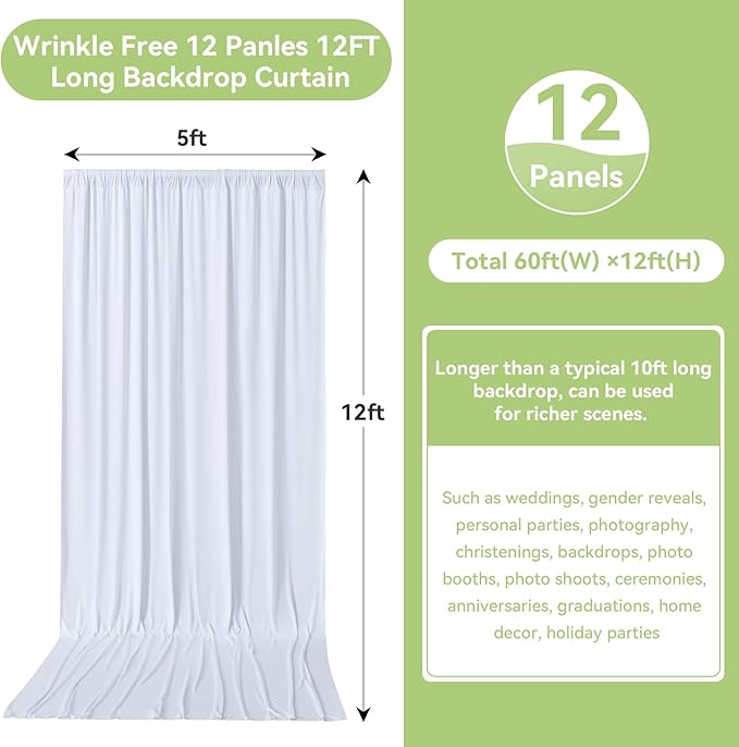 60ftx12ft Wrinkle Free White Backdrop Curtain, 12 Panels 12FT Height White Wedding Backdrop Drapes, Silky Polyester Back Drop Cloth for Birthday Photography Background Party Backdrop Draping