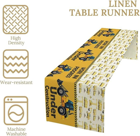 Cartoon Car Table Runner,Boys Kids Construction Vehicles Truck Yellow Print Tablecloth Burlap for Hotel Indoors Outdoor Dining Room Kitchen Home Decor,W13X L70 in