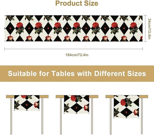 Vintage Rose Table Runner, Red Rose Hearts Black White Checkered Background Table Runner for Kitchen Dinning Table Runner Decor Home Wedding Party Holiday, 13x90 Inch