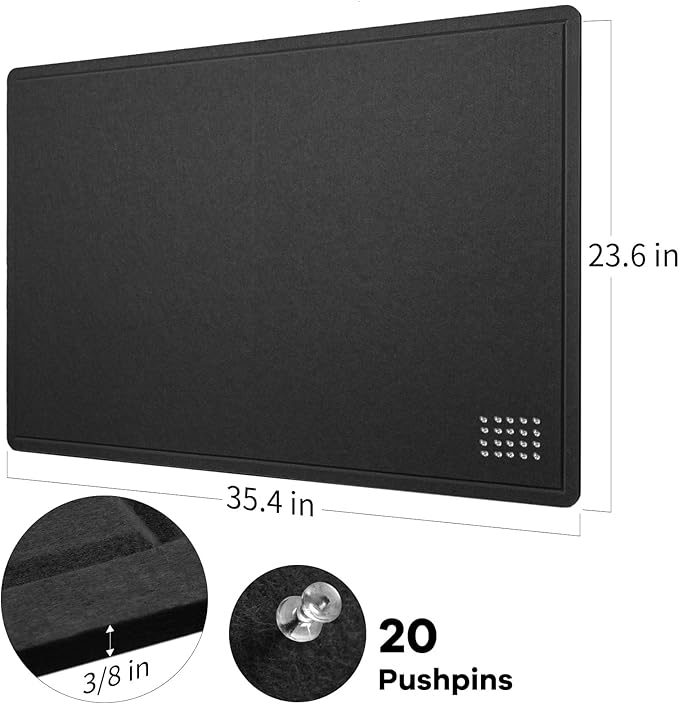 Bulletin Board, 36 x 24 inches Felt Board - Decorative Pin Board, Cork Board Alternative for Wall, 3' x 2' Foldable Picture Board Self-Adhesive Vision Board Prayer Board with 20 Pushpins - Black