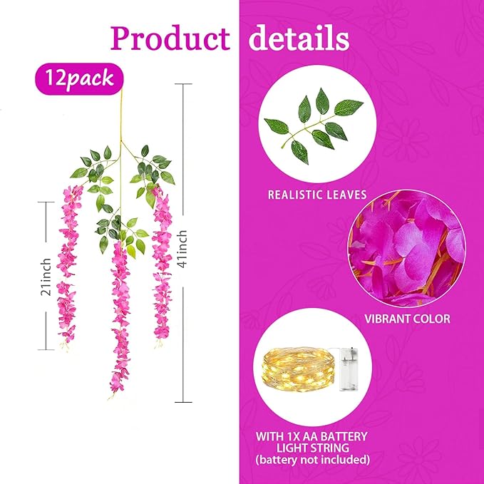 12 Pack Purple Red Wisteria Hanging Flowers Garland with Lights, 3.44 Feet Artificial Flower Vines, Fake Wisteria, Artificial Vines Hanging Garland for Backdrop Outdoor Patio Garden Decor