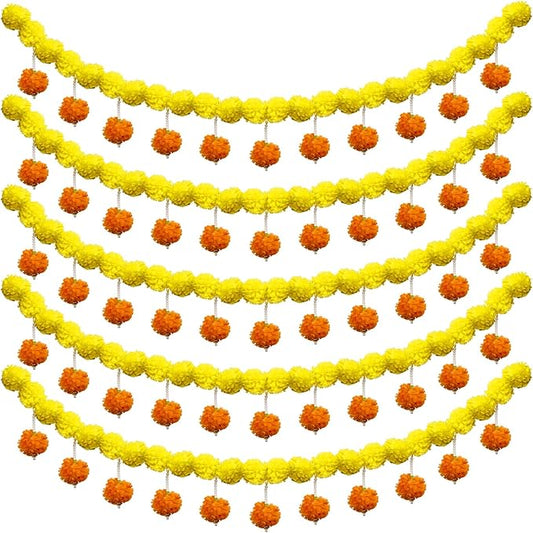 5 Pcs Marigold Garland Diwali Decor Artificial Flowers, 4.5 Feet Artificial Marigold Flowers for Indian Pooja Diwali Home Mantle Decor Wedding Decoration for All Year Decoration (Yellow＆Orange)