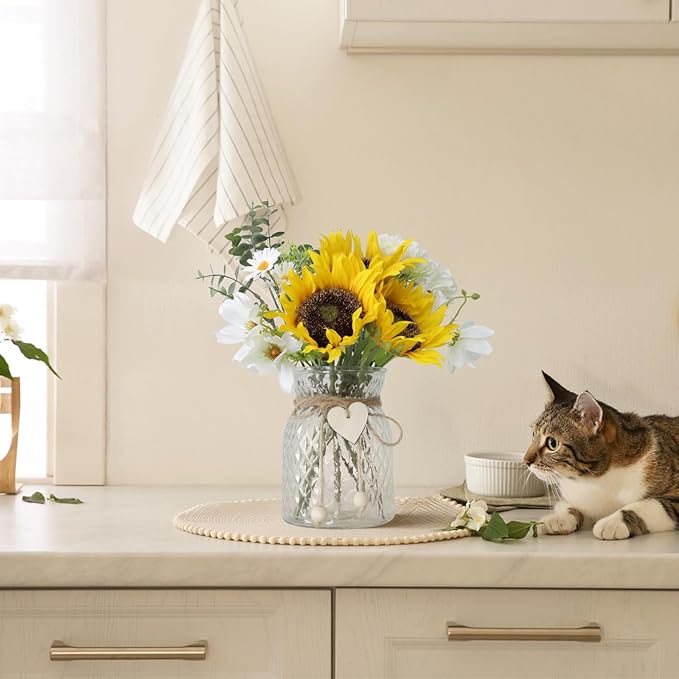 Artificial Sunflower Bouquets in Vase with a Flower Arrangement Holder - Centerpieces for Dining Room & Coffee Table Decor