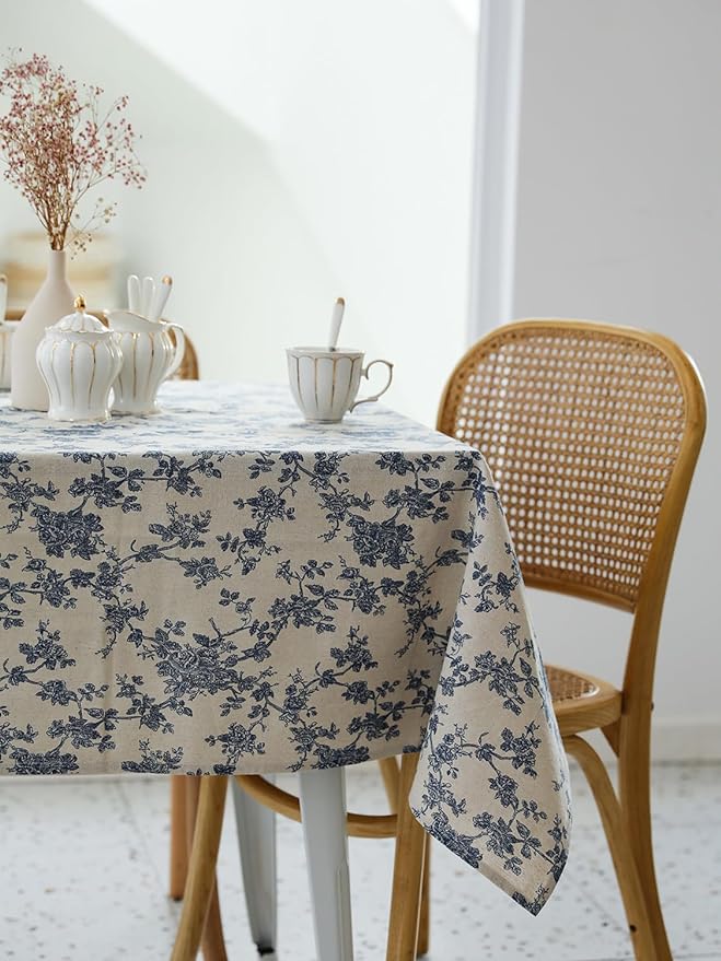 Pastoral Rectangle Tablecloth - 60 x 102 Inch - Beige Linen Table Cloth - Washable Table Cover with Dust-Proof Wrinkle Resistant for Restaurant, Picnic, Indoor and Outdoor Dining, Floral (Dark Blue)