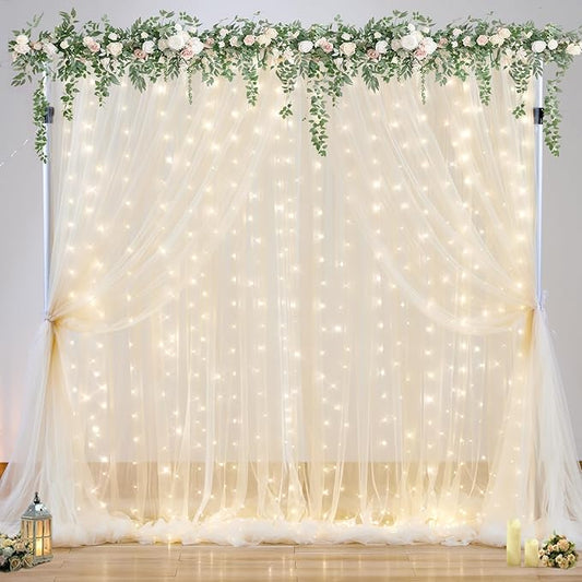 10ft x 10ft Champagne Tulle Backdrop Curtain with Lights String for Parties Wedding Bridal Shower Sheer Champagne Curtain Backdrop for Birthday Party Baby Shower Photo Booth Decorations