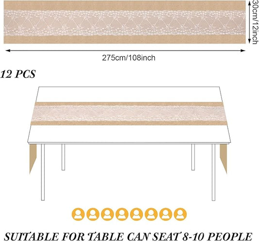 Xinnun 12 Pcs Burlap Table Runner with Lights 12 x 108 Inches Burlap Lace Table Runner Rustic Wedding Decorations Home Party (Vine)
