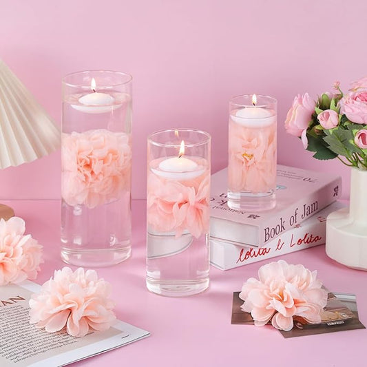 24 Pcs Floating Candles for Centerpieces and Floating Flowers for Centerpieces Pink Artificial Flowers Vase Fillers for Wedding Table Party Home Decoration