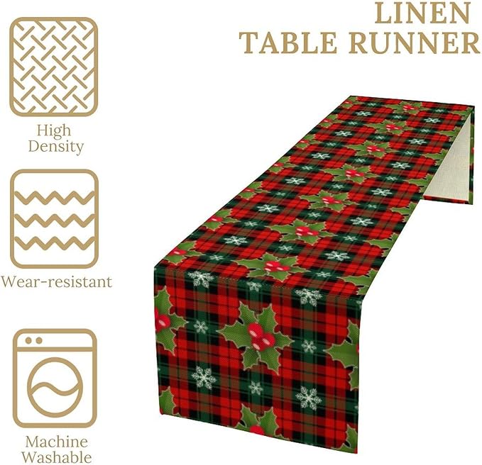 Christmas Table Runner, Red Check Plaid Winter Xmas Holiday Table Cloth Kitchen Dining Table Decoration for Home Party Decor 13x120 Inch