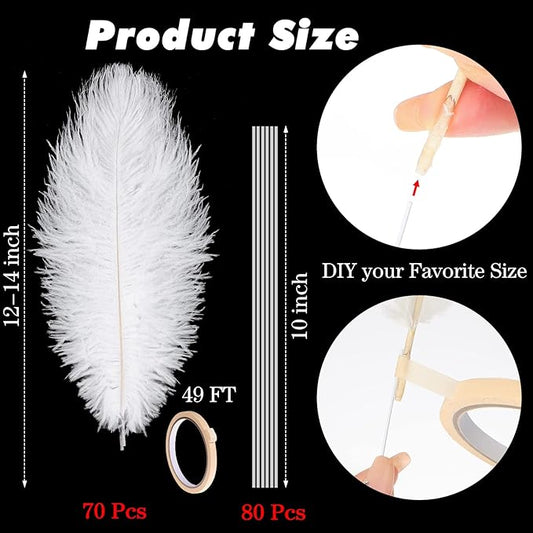 Hanaive 150 Pcs Ostrich Feathers Set Bulk Plumes 12-14 Inch (30-35cm) 70 Pcs Large Ostrich Feathers with 80 Sticks and Tape for DIY Crafts Wedding Home Party Centerpiece Decorations(White)