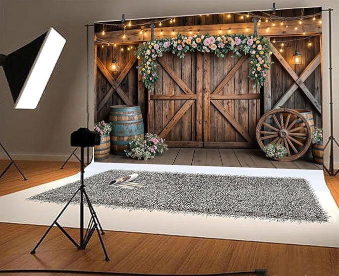 9x6ft Country Wedding Photography Backdrop Rustic Barn Door Photography Backdrop Farmhouse Pink Flower Cabin Wooden Birthday Baby Shower Wedding Bridal Party Banner Photo Booth Props Background