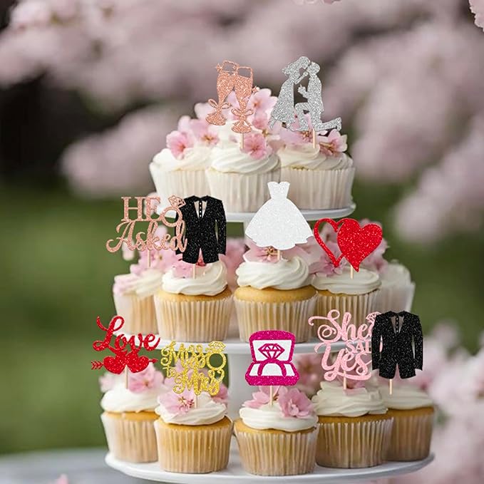 30 Pack Bride to be Cupcake Toppers Glitter Diamond Ring Love I Do Cupcake Picks Miss to Mrs He Asked She Said Yes Bridal Shower Wedding Engagement Bachelorette Cake Decorations Party Colorful