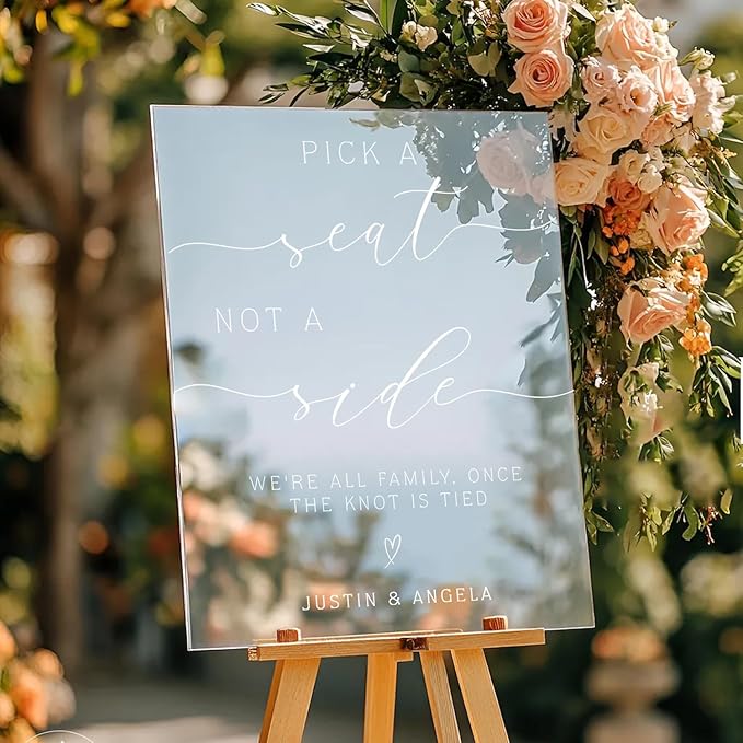 Pick a Seat Not a Side Wedding Yard Sign – Elegant Heart Design – Personalized Names – Acrylic or Plastic Outdoor Sign
