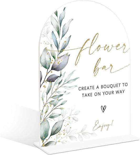 Acrylic Wedding Signs, Greenery Theme Flower Bar Sign, Wedding Reception Signage, Bridal Shower Table Decor with Stand, Flower Bar Supplies for Engagement, Anniversary, Newlywed Event and Party, 03