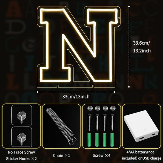 Light Up Letters N, Led Marquee Letter Lights Neon Sign, 13.2" Height Decorative Lighted Alphabet Number, Battery/USB Powered Led Letters Lights for Wedding, Birthday, Party, Christmas or Home Decor