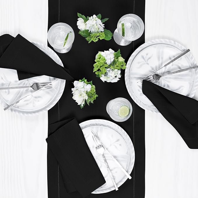 Solino Home Linen Black Table Runner 132 Inches Long - 100% Pure Linen Extra Long Table Runner 14 x 132 Inch for Fall, Autumn, Halloween, Thanksgiving, Holiday - Classic Hemstitch