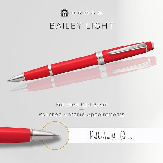 Cross Bailey Light Refillable Rollerball Pen Presented in a Everyday Gift Box - Medium Point, Black Ink, Red
