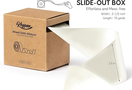 Ivory Satin Ribbon Double-Faced Wired Ribbons for Gift Wrapping Flower Bouquet Bows Wedding Invitation Christmas Decor Crafts 2-1/2 Inch 10 Yards