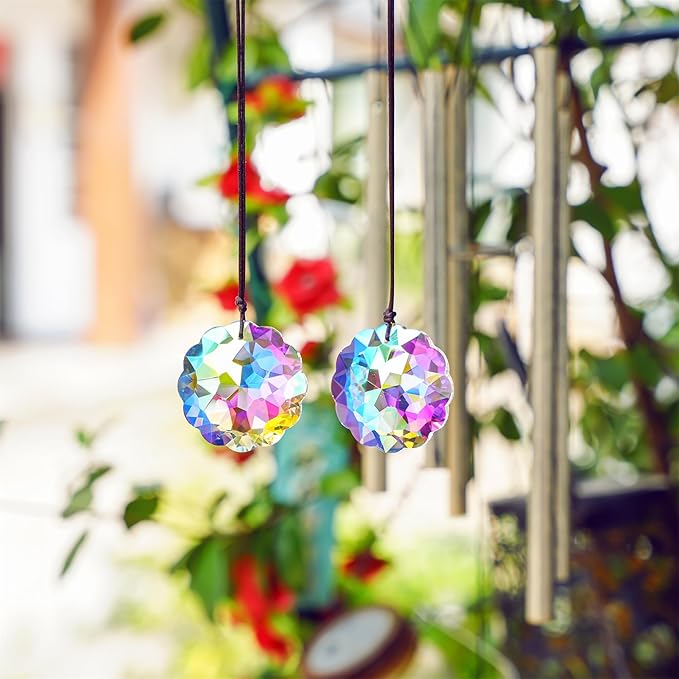 HDCRYSTALGIFTS Set 2 AB Color Crystal Suncatcher Datura Shaped Pendant Rainbow Feng Shui Hanging Prism (45mm)