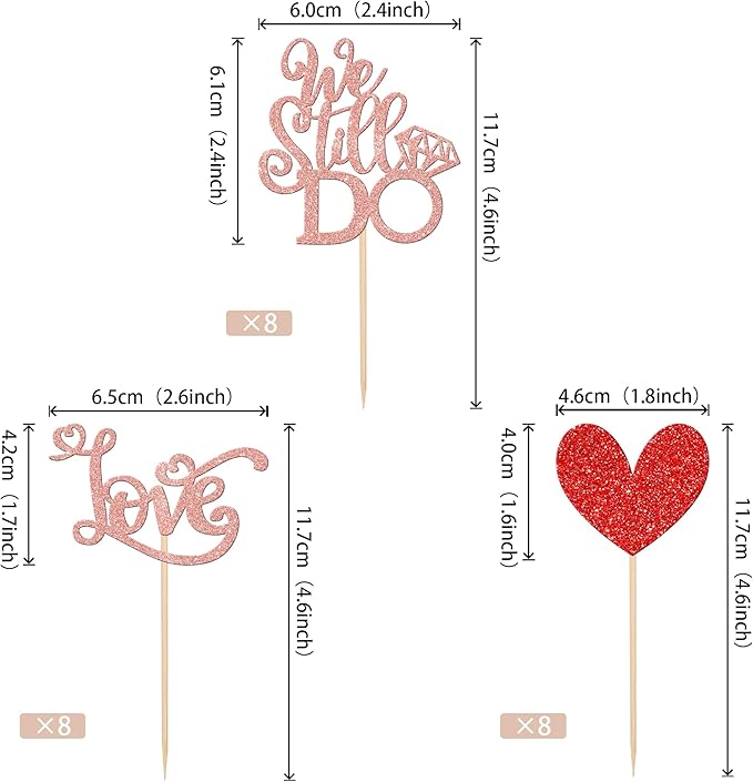 24 PCS We Still Do Cupcake Toppers Glitter Love Heart Bridal Shower Cupcake Picks for Wedding Engagement Bridal Shower Theme Party Cake Decorations Supplies Rose Gold