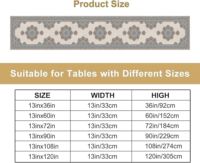 Boho Bohemia Style Table Runner, Vintage Teal Brown Retro Flower Rustic Country Style Floral Print Pattern for Home Kitchen Table Decor Dining Coffee Room Garden Party Decor 13x120in