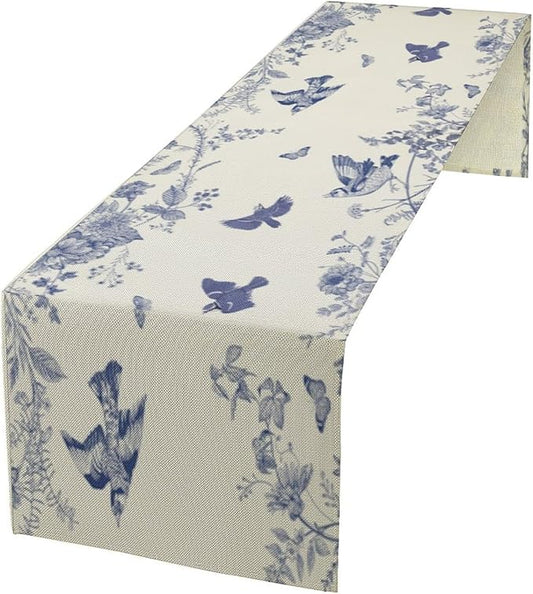 Monochrome Sketch Flowers Bird Table Runner, Seasonal Spring Fall Plants Blue Florals Dinner Runner for Home Kitchen Dining Table Party Holiday Decoration 13"x36"