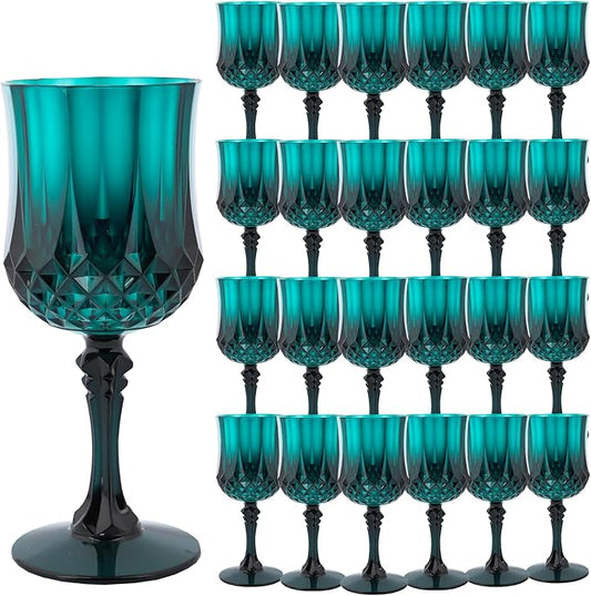 Plastic Wine Glasses，Plastic Goblets Vintage Style Cordial Drinking Glasses for Wedding Reception, Christmas Grand Event Party Supplies (24, Green)