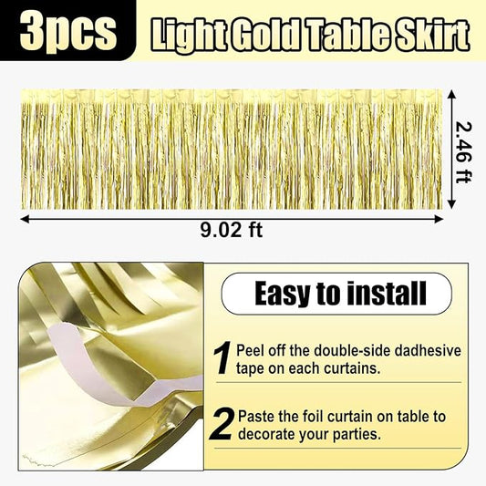 3 Pack 29x108 Inch Light Gold Foil Fringe Table Skirts Metallic Banner for Tinsel Streamer Garland Backdrop for Parade Floats Wedding Thanksgiving Birthday Christmas Halloween Party Decoration
