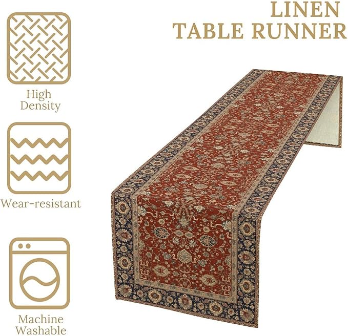 Boho Floral Vintage Red Blue Table Runner, Retro Flower Rustic Country Farmhouse Abstract Pattern for Home Kitchen Table Decor Dining Coffee Room Party Decor 13x120in